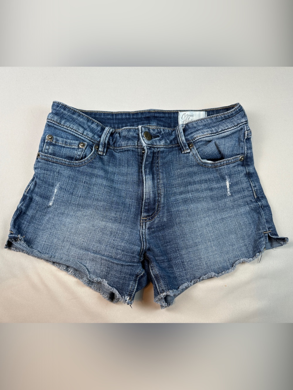 Cosmic Blue Love Cutoff Shorts Denim Blue Jean Distressed Raw Hem